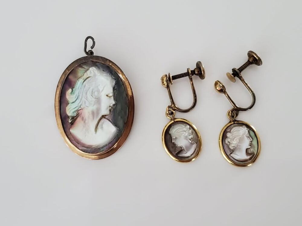 Vintage Sterling Silver Mother of Pearl Brooch Pendant and Earring Set